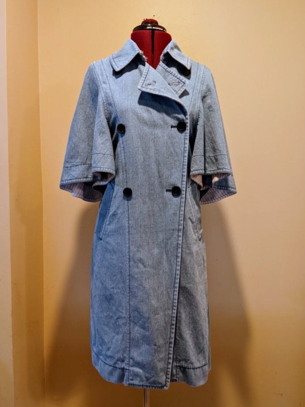 Korean Jain song Denim blue Cape Trench Coat Double Breasted Flare Sleeve XS-M